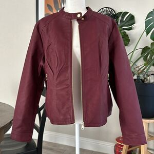 NWT Baccini Faux Leather Motorcycle Jacket Burgundy Wine XL Chic Lightweight